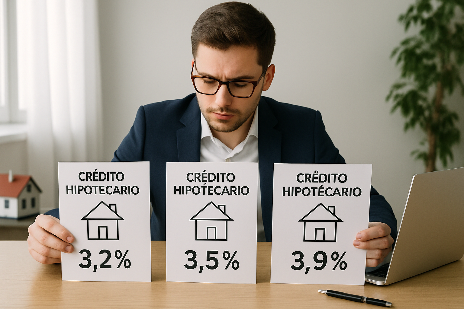 Joven empresario en una mesa comparando 3 crditos hipotecarios para comprar su casa