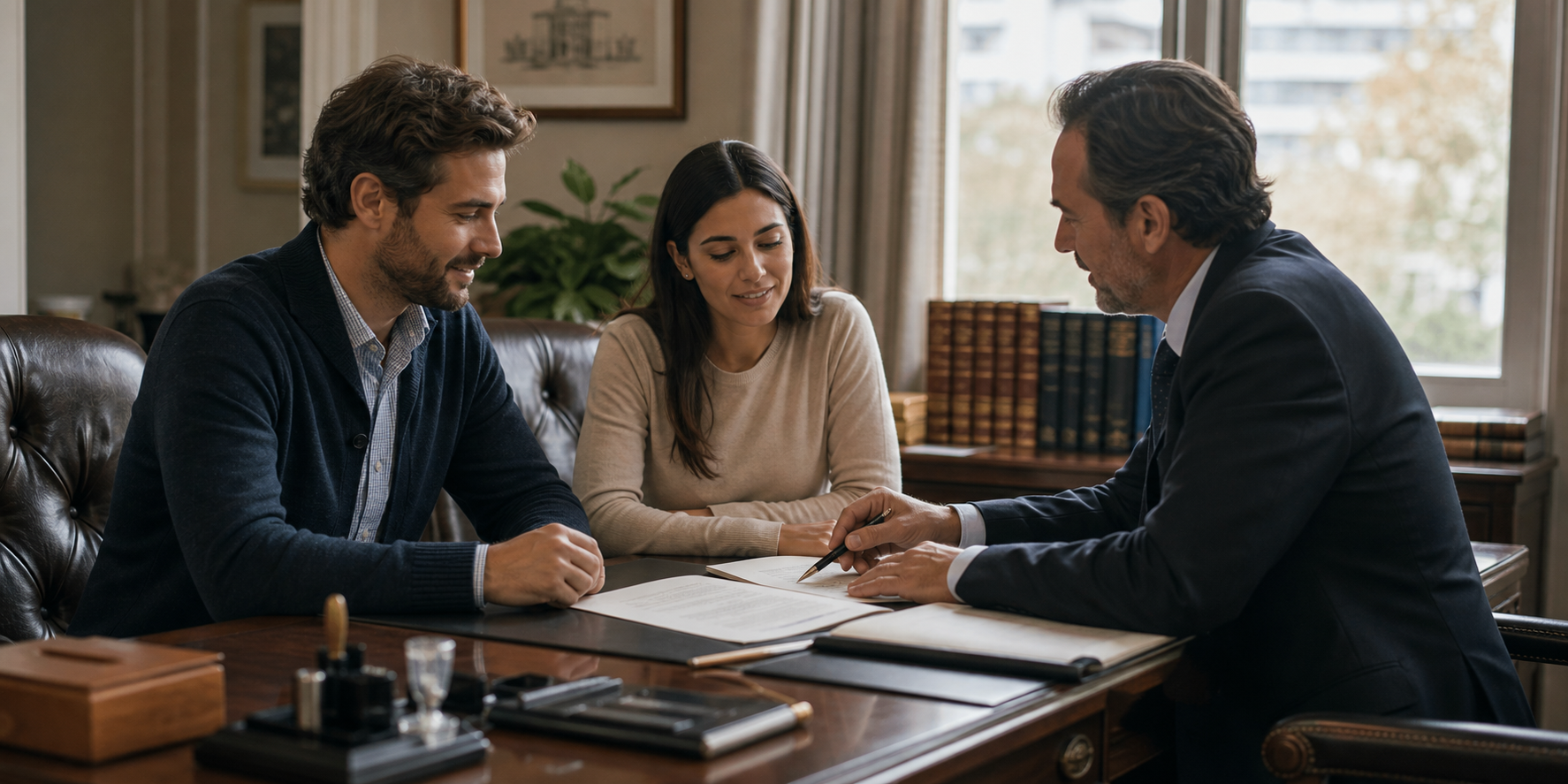 Legal Document Review in Elegante Office with Notary and Couple
