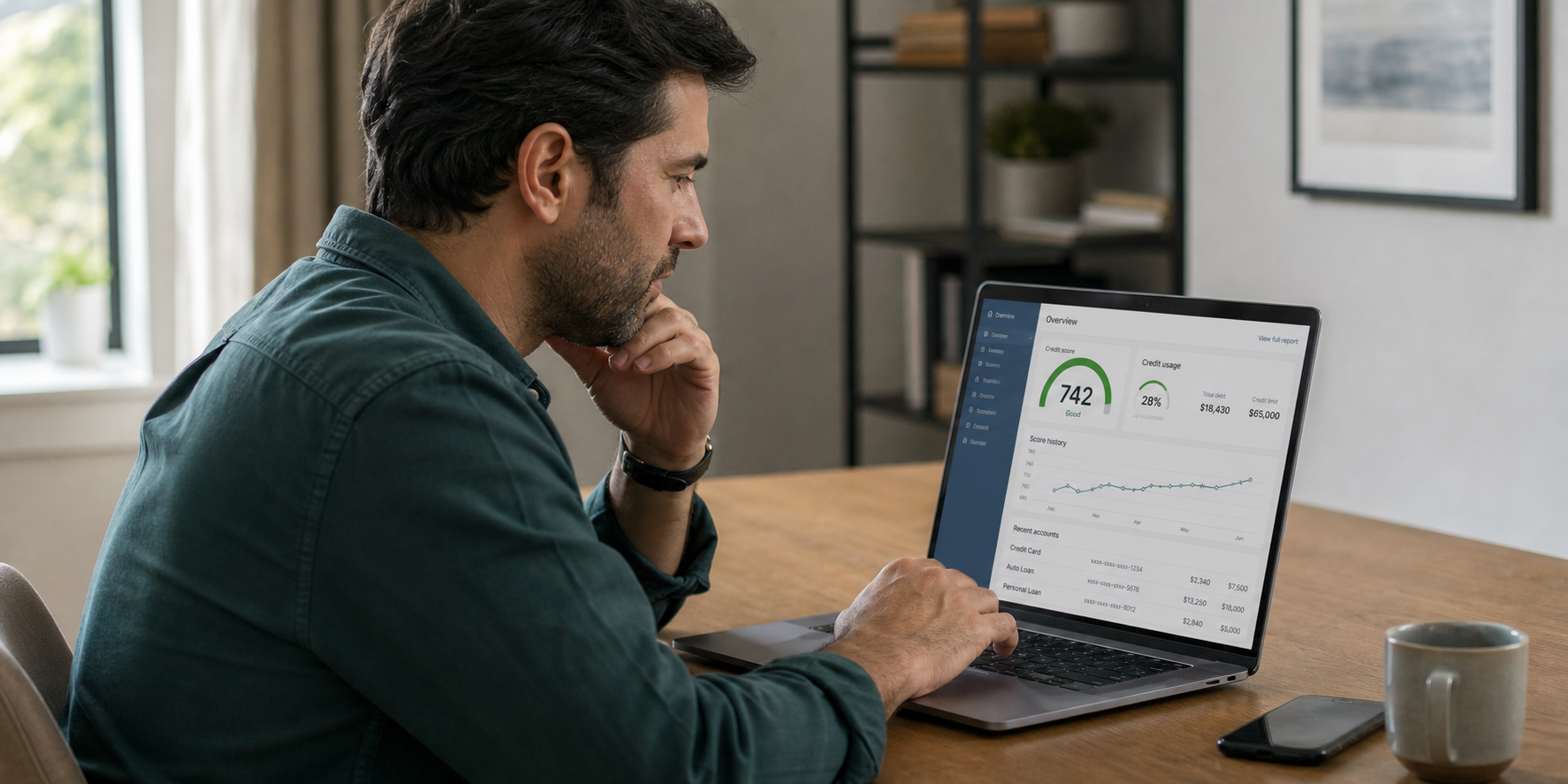 Man Analyzing Credit Report on Laptop in Modern Home Office