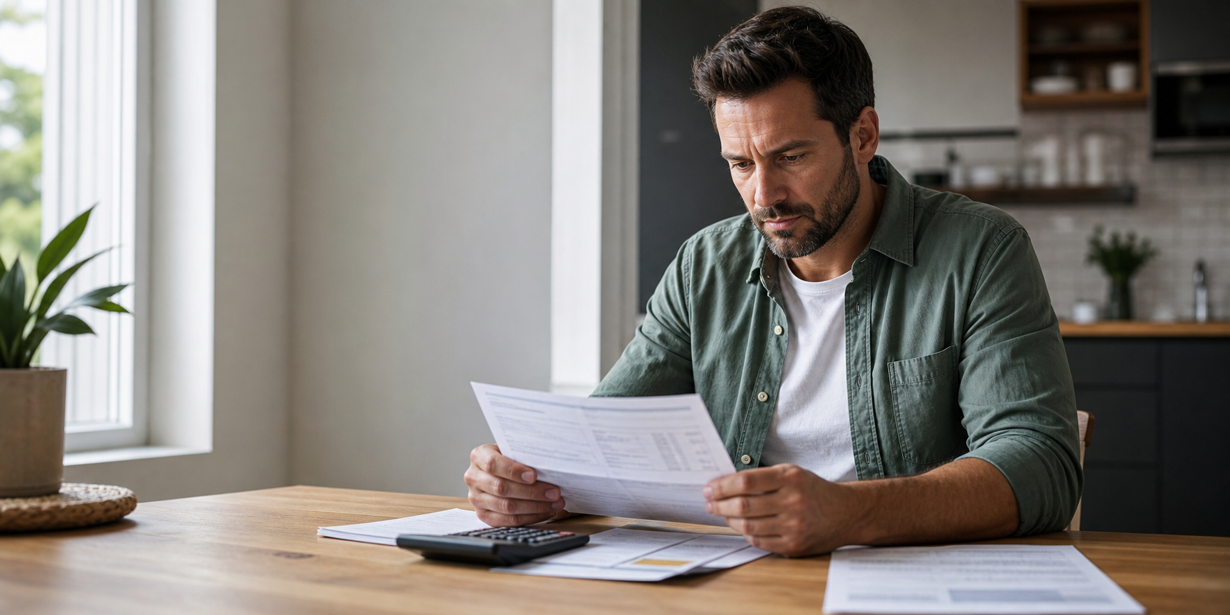 Man Analyzing Electricity Bill in Modern Home Office
