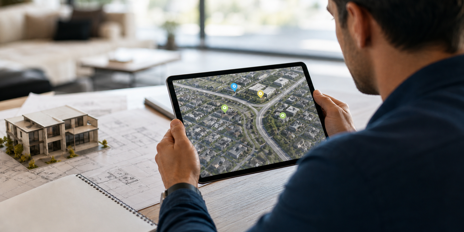 En la pantalla de una tablet se observan una vista aérea de la zona, vialidades principales, vías de acceso cercanas de una casa.