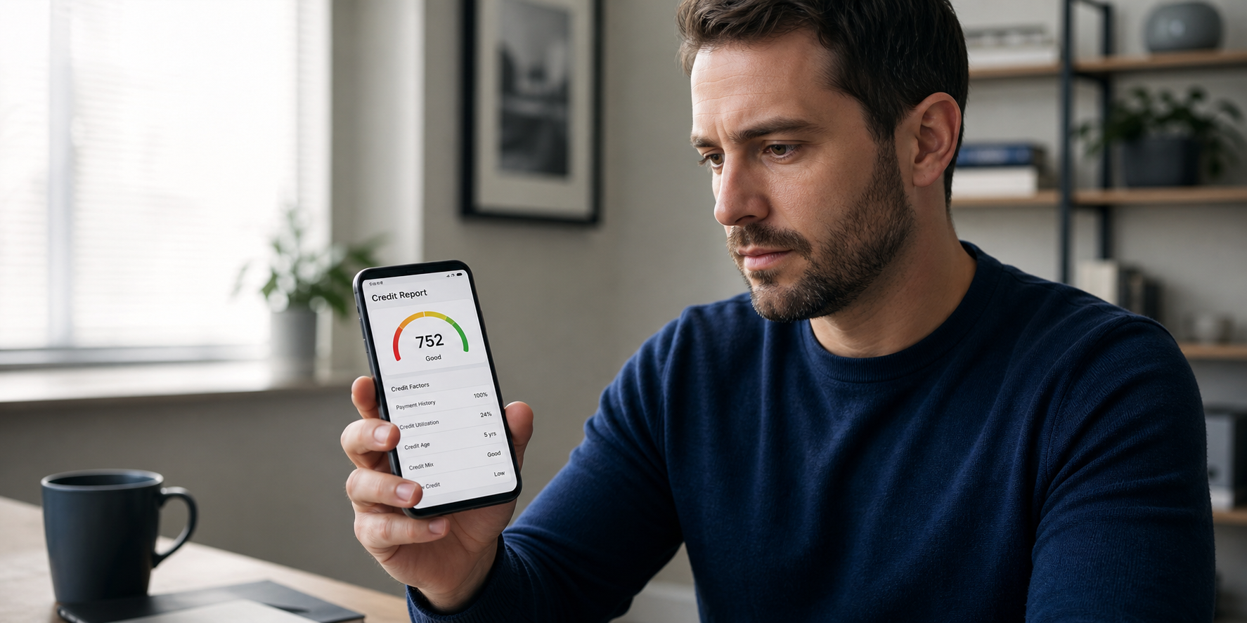 Man Checking Credit Score on Smartphone in Modern Setting