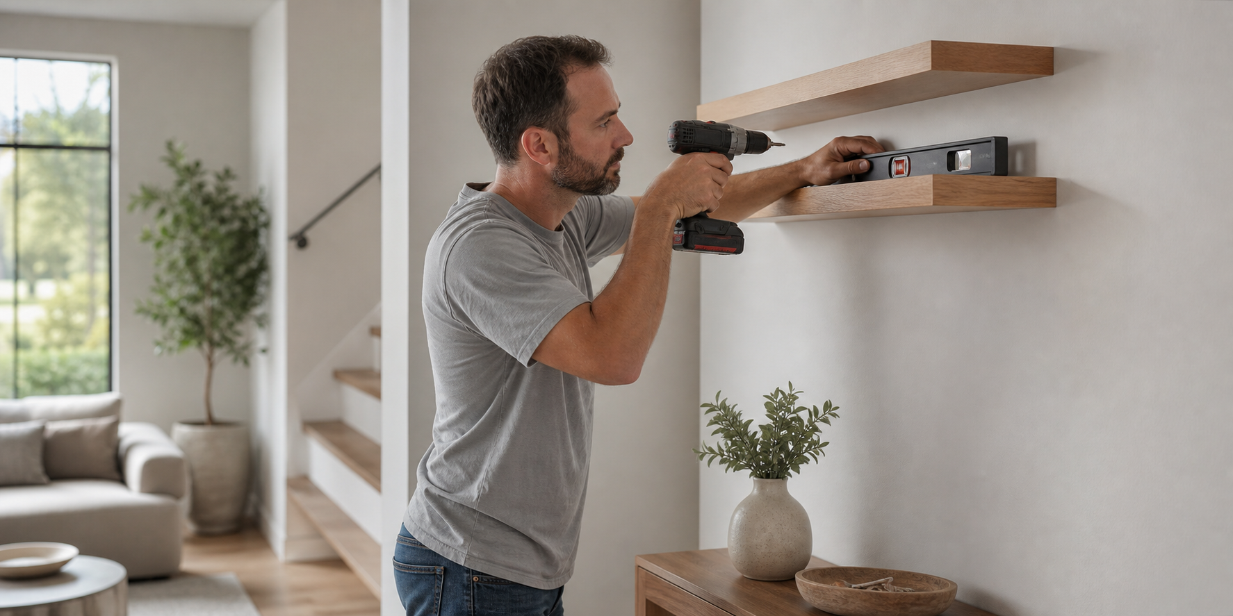 Man Instaling Floating Shelves in Modern Home Interior