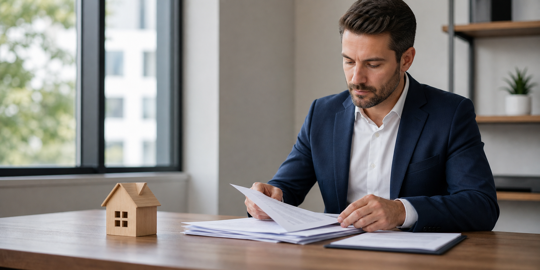 Man Organizing Papers for Real Estate PreApproval on Professional Desk