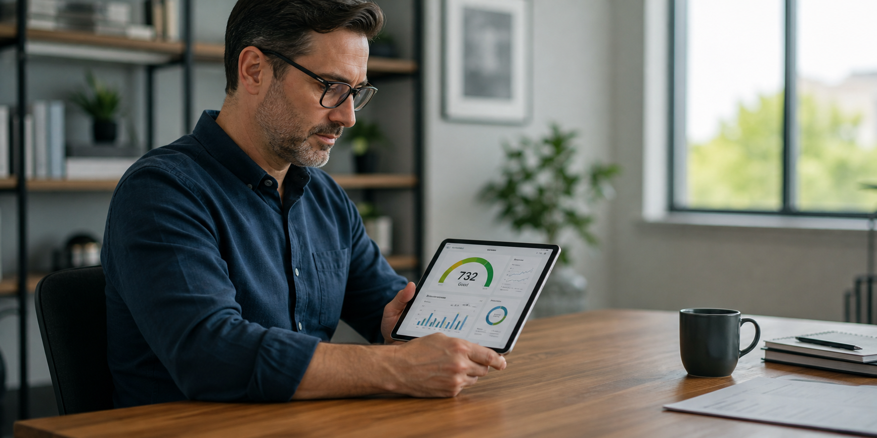 Man Reviewing Credit Score on Tablet with Financial Graphs
