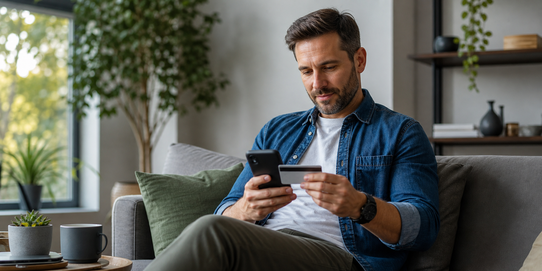 Man Using Smartphone App to Pay Credit Card in Modern Home Setting
