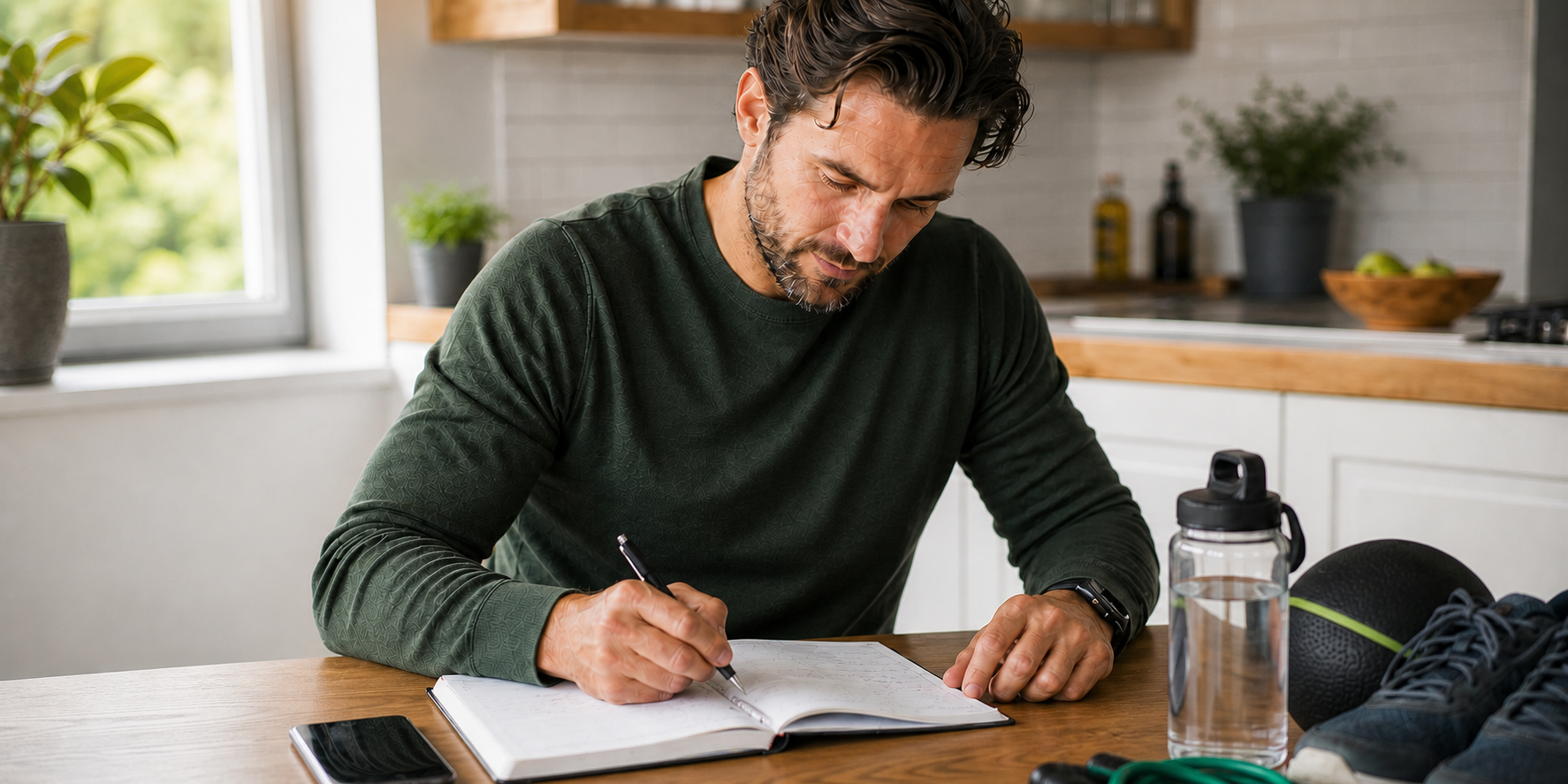 Un hombre adulto en la cocina de su casa, sentado frente a una mesa mientras organiza y crea un calendario personal de actividades recreativas y ejercicio.