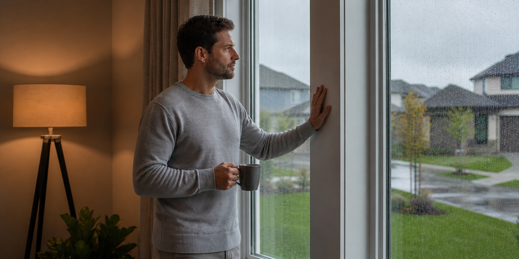 Hombre está de pie frente a la ventana, observando hacia afuera con expresión de tranquilidad mientras verifica que no haya filtraciones de agua.