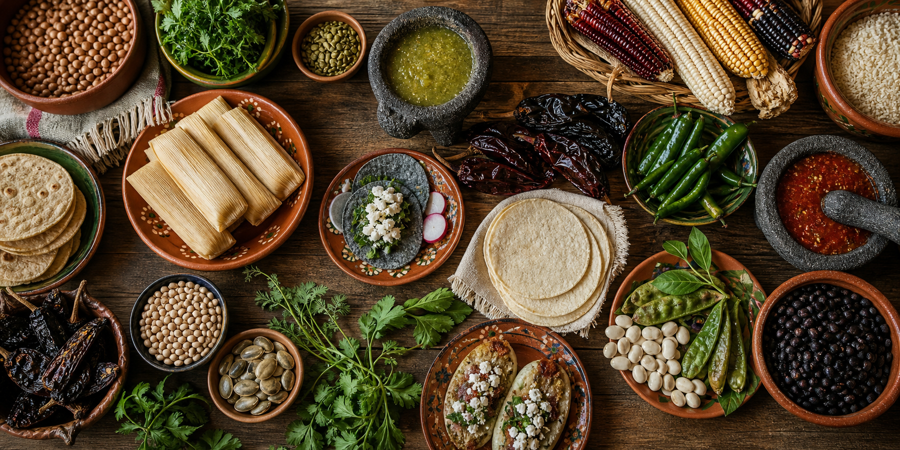 Mesa de madera artesanal con una elegante composición de ingredientes tradicionales de la gastronomía mexicana, destacando la riqueza culinaria del estado de Morelos.