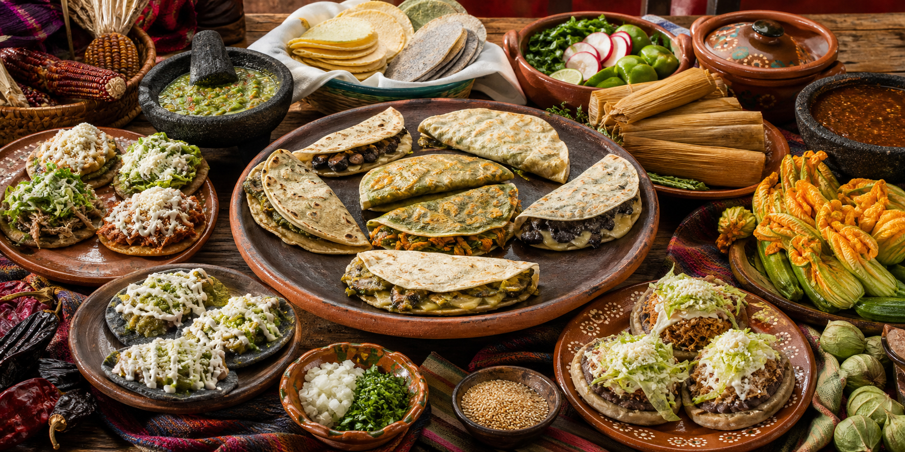 Mesa de Madera con Antojitos Tradicionales Mexicanos