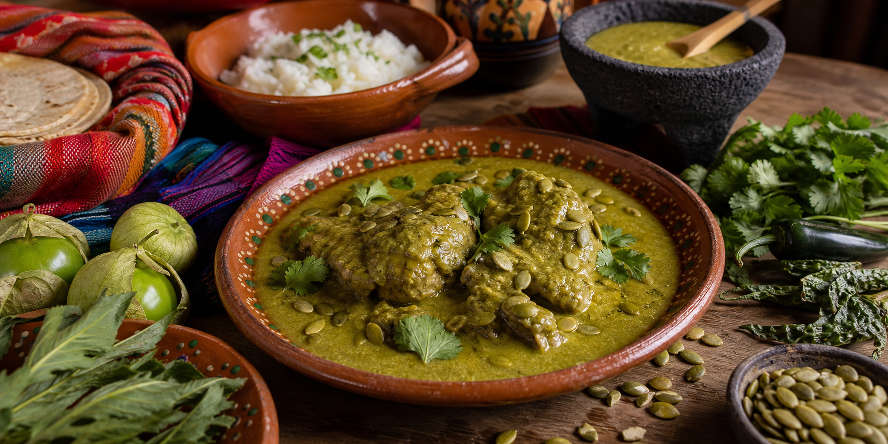 Mesa de madera rústica con un plato tradicional de pipián verde como protagonista. El platillo se presenta en un plato de barro artesanal, con piezas de pollo bañadas en un espeso pipián verde.