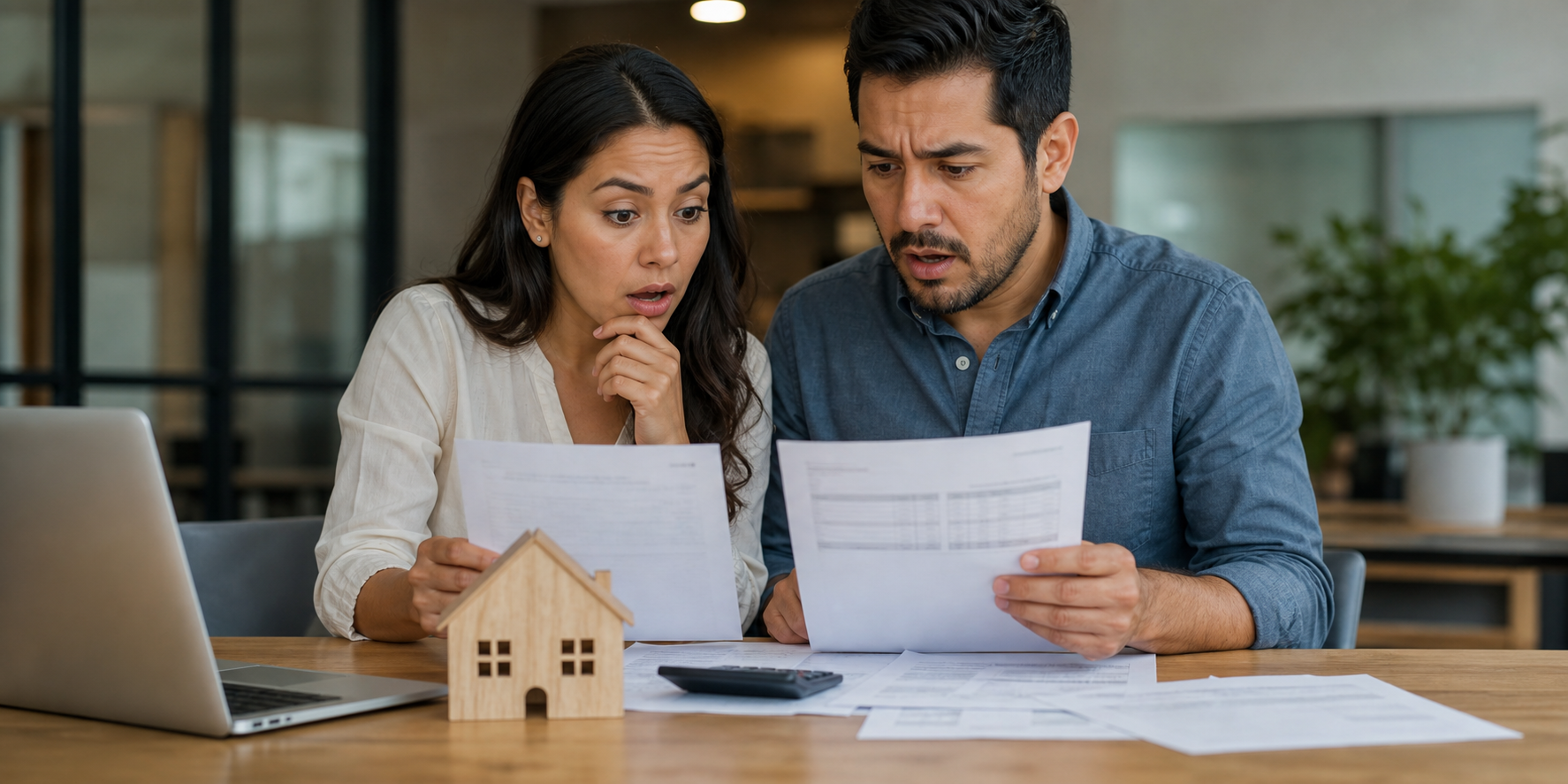 Mexican Couple Reviewing Home Purchase Documents in Modern Office