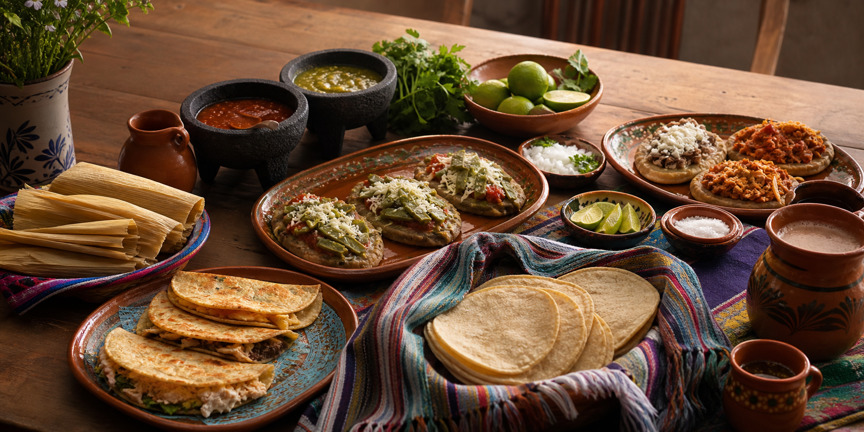 Sobre la mesa hay tortillas recién hechas, itacates rellenos, tlacoyos con nopales, queso y salsa, quesadillas doradas con diferentes guisos y tamales.