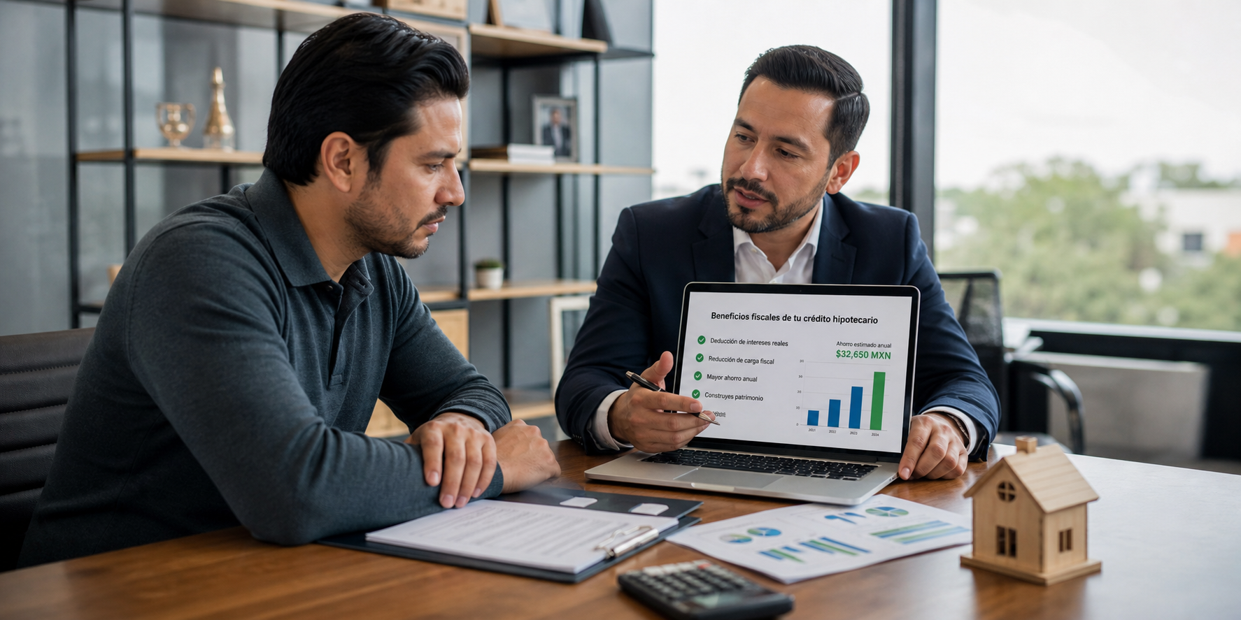 Mexican Man Discussing Tax Deductions with Mortgage Advisor