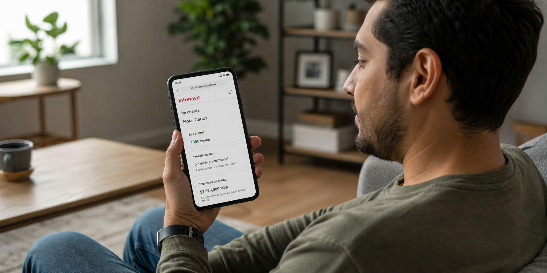 Hombre revisando atentamente la información de su cuenta Infonavit desde su teléfono celular.