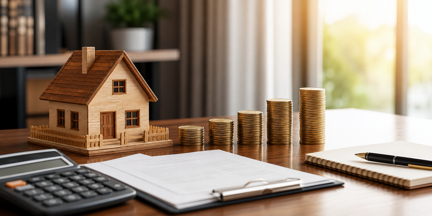 A un lado de la casa de madera aparece una gráfica ascendente formada por monedas aumentando progresivamentepara simbolizar el crecimiento del valor de la propiedad.