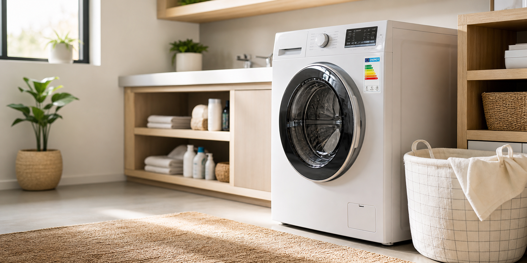 Modern Clean Laundry Room with FrontLoad Washer and Energy Efficiency Label-1