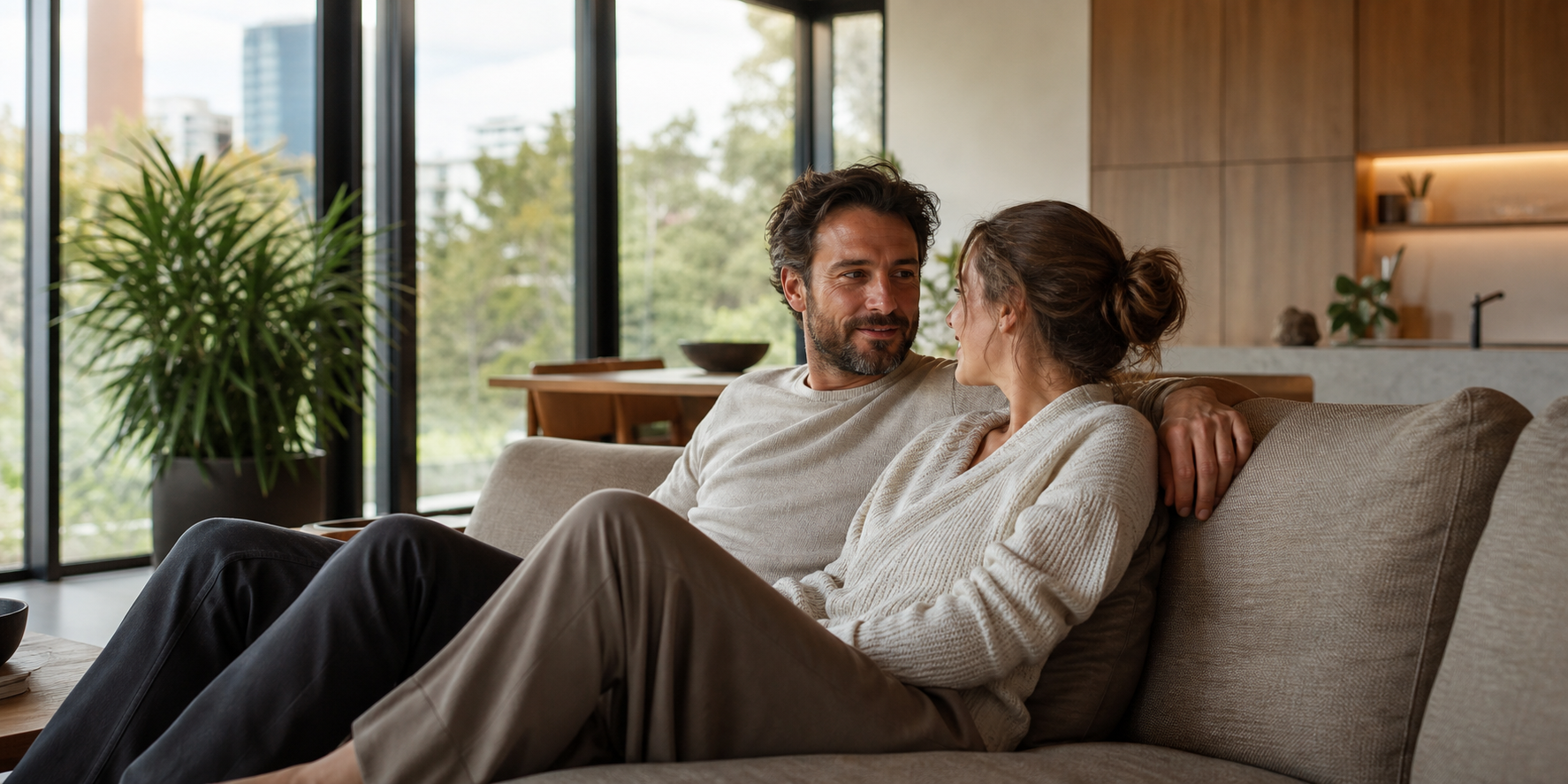 Modern Cozy Living Room with Relaxed Couple