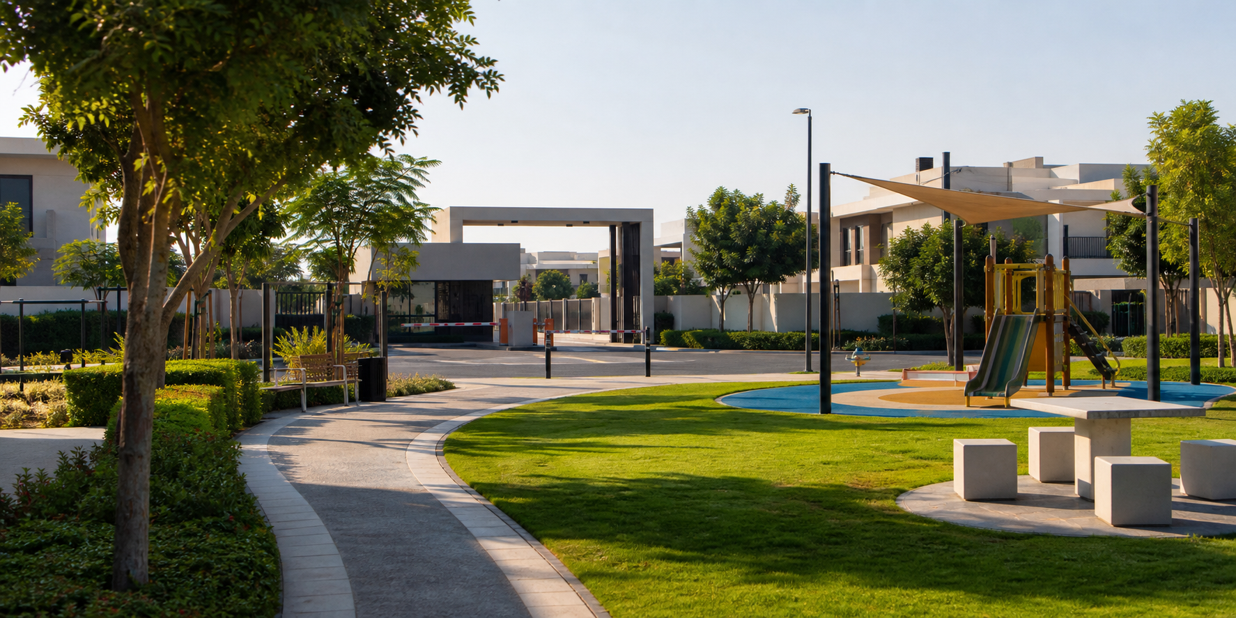 Desarrollo inmobiliario residencial moderno y familiar, con áreas verdes cuidadosamente mantenidas, jardines amplios, árboles y césped perfectamente cuidado.