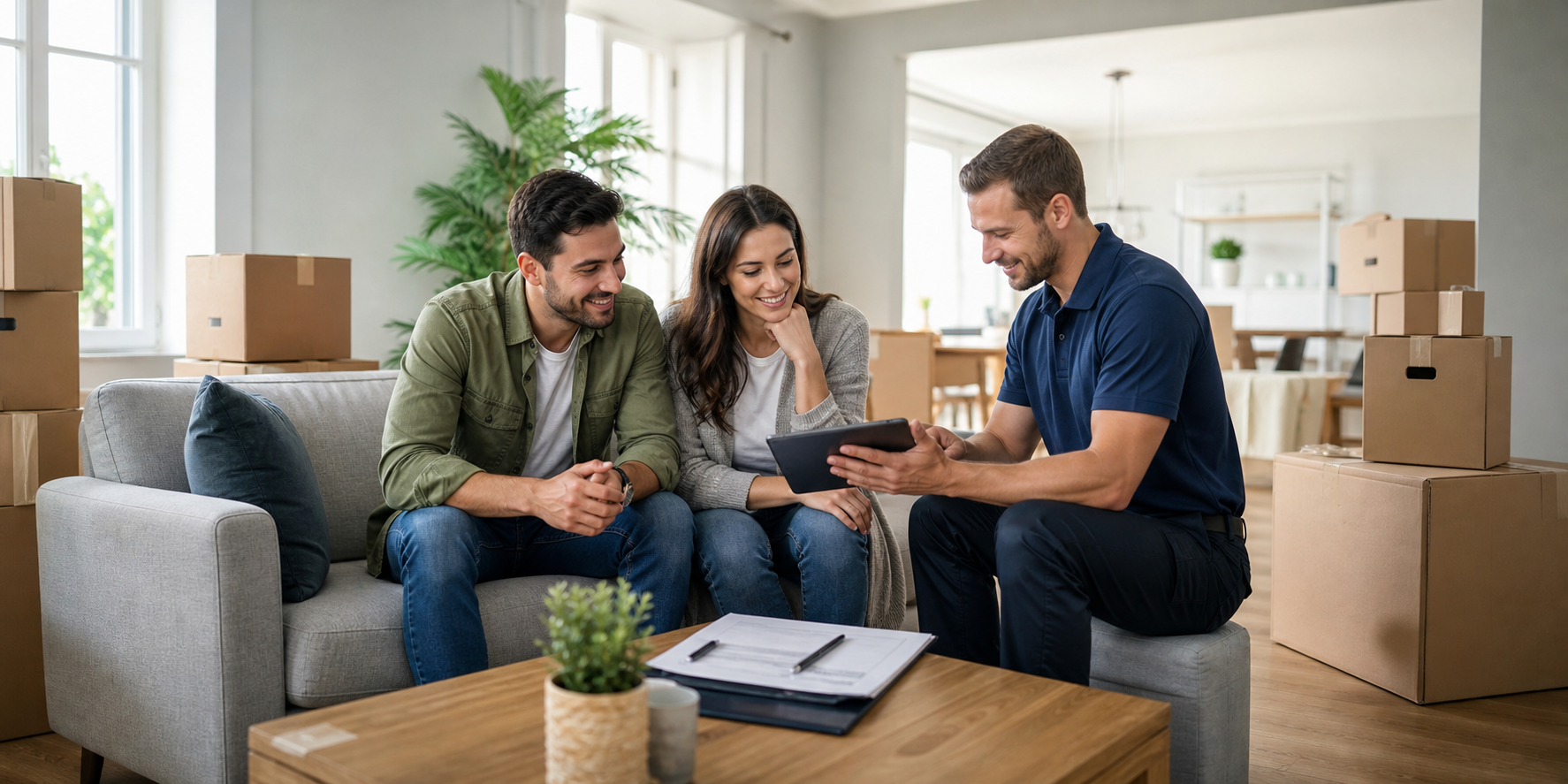 Modern Family Reviewing Move Contract in Bright Living Room