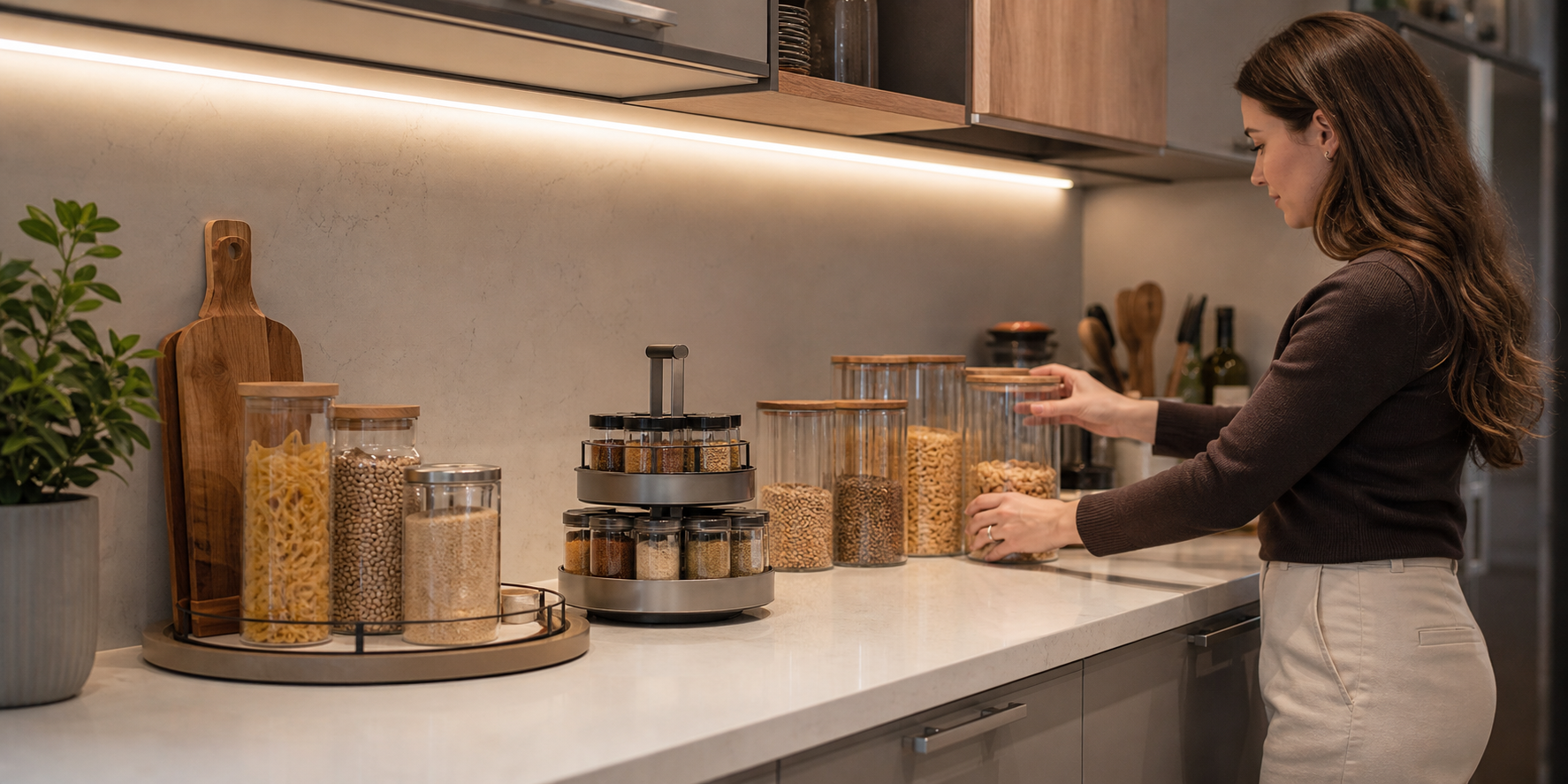 Persona organizando una encimera de cocina moderna colocando accesorios de almacenamiento, acomodando cuidadosamente frascos transparentes para alimentos.