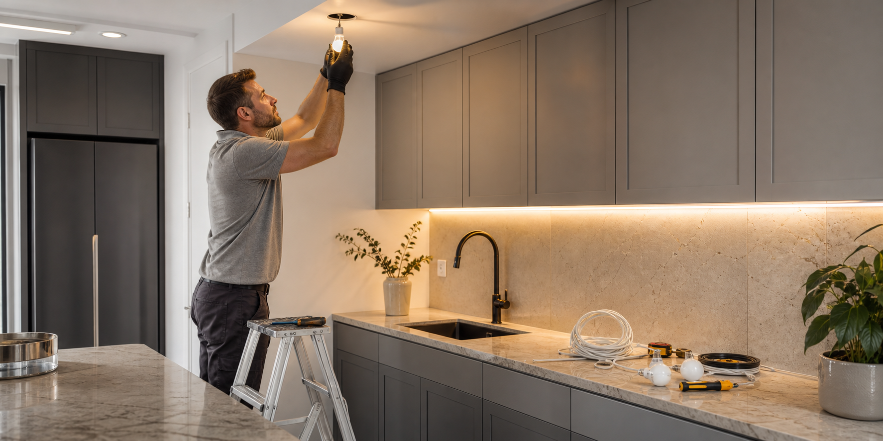 Una persona sustituyendo focos amarillos antiguos por iluminación LED blanca cálida y colocando tiras LED debajo de los gabinetes superiores.Modern Kitchen Remodel with Warm LED Lighting and Elegant Cabinetry