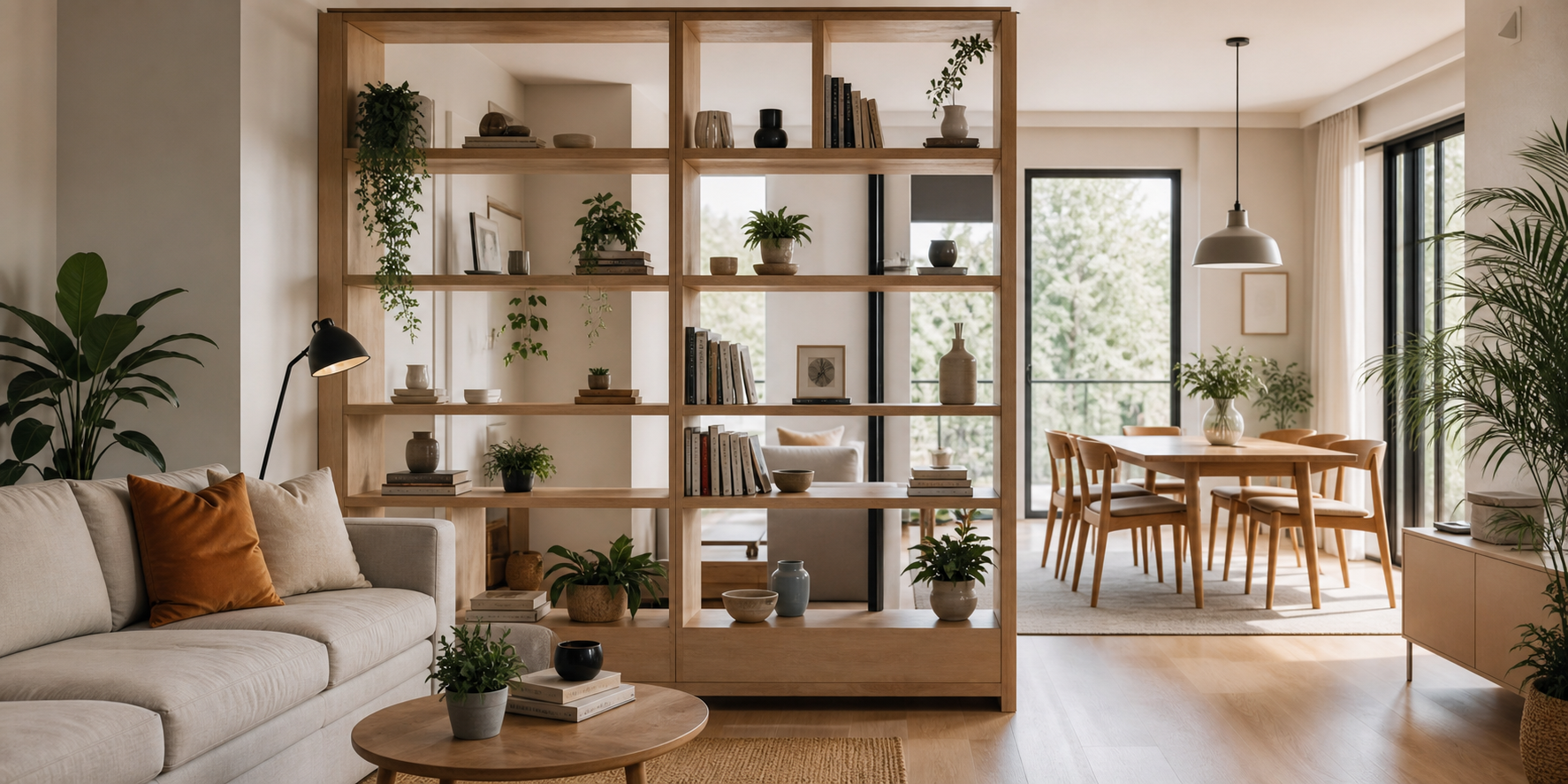 Modern Minimalist Living Space with Open Bookshelf Divider