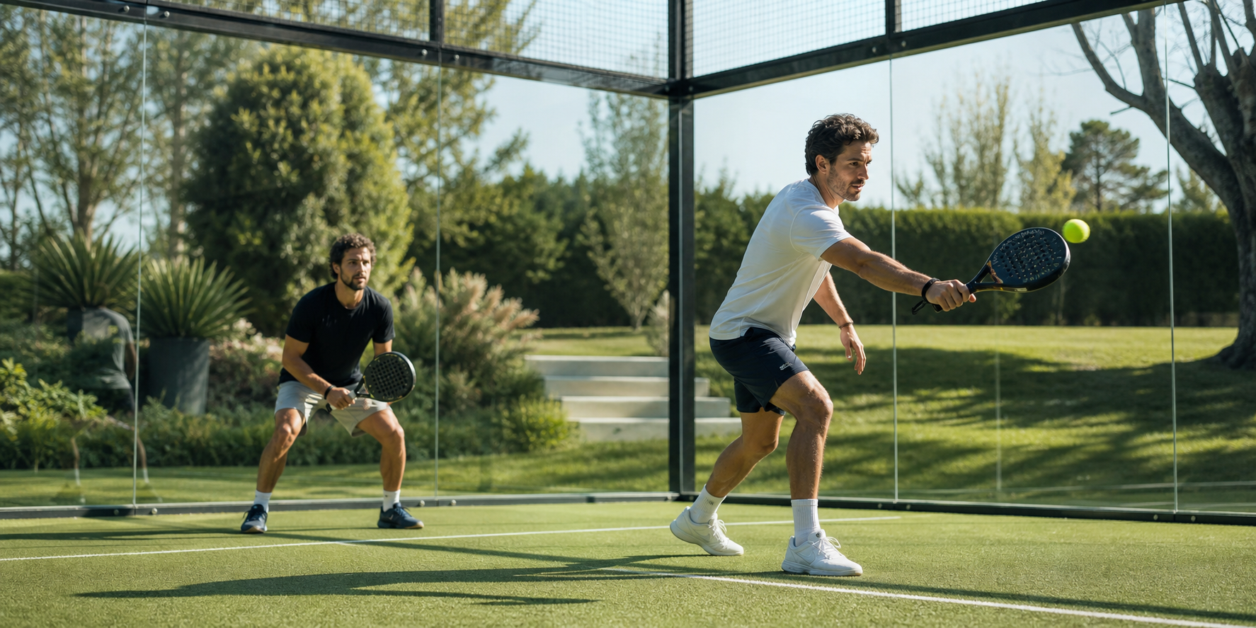 Padel Match on GlassWalled Court in Green Landscape