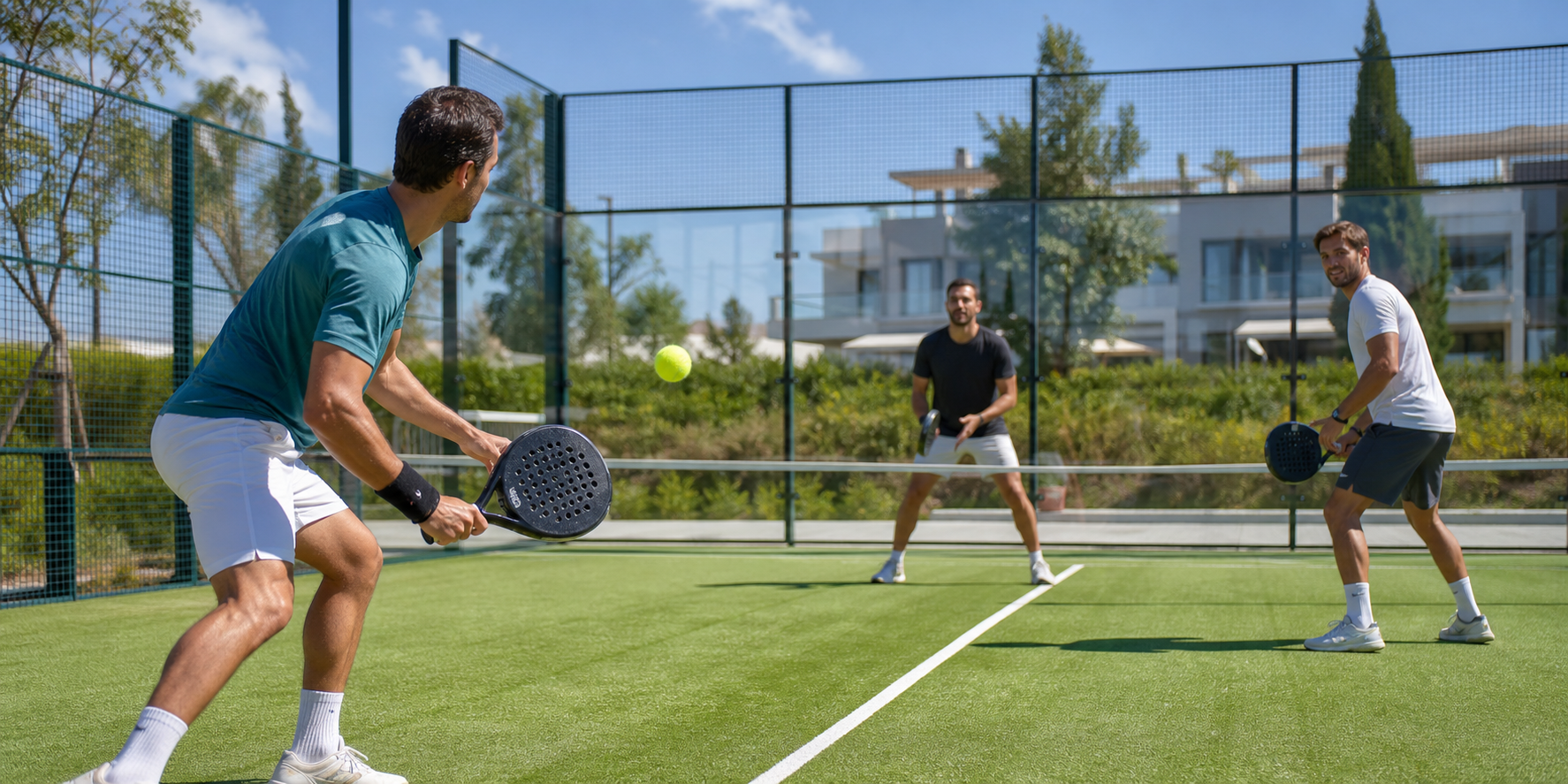 Tres hombres adultos jugando pádel en una cancha al aire libre dentro de un desarrollo residencial.