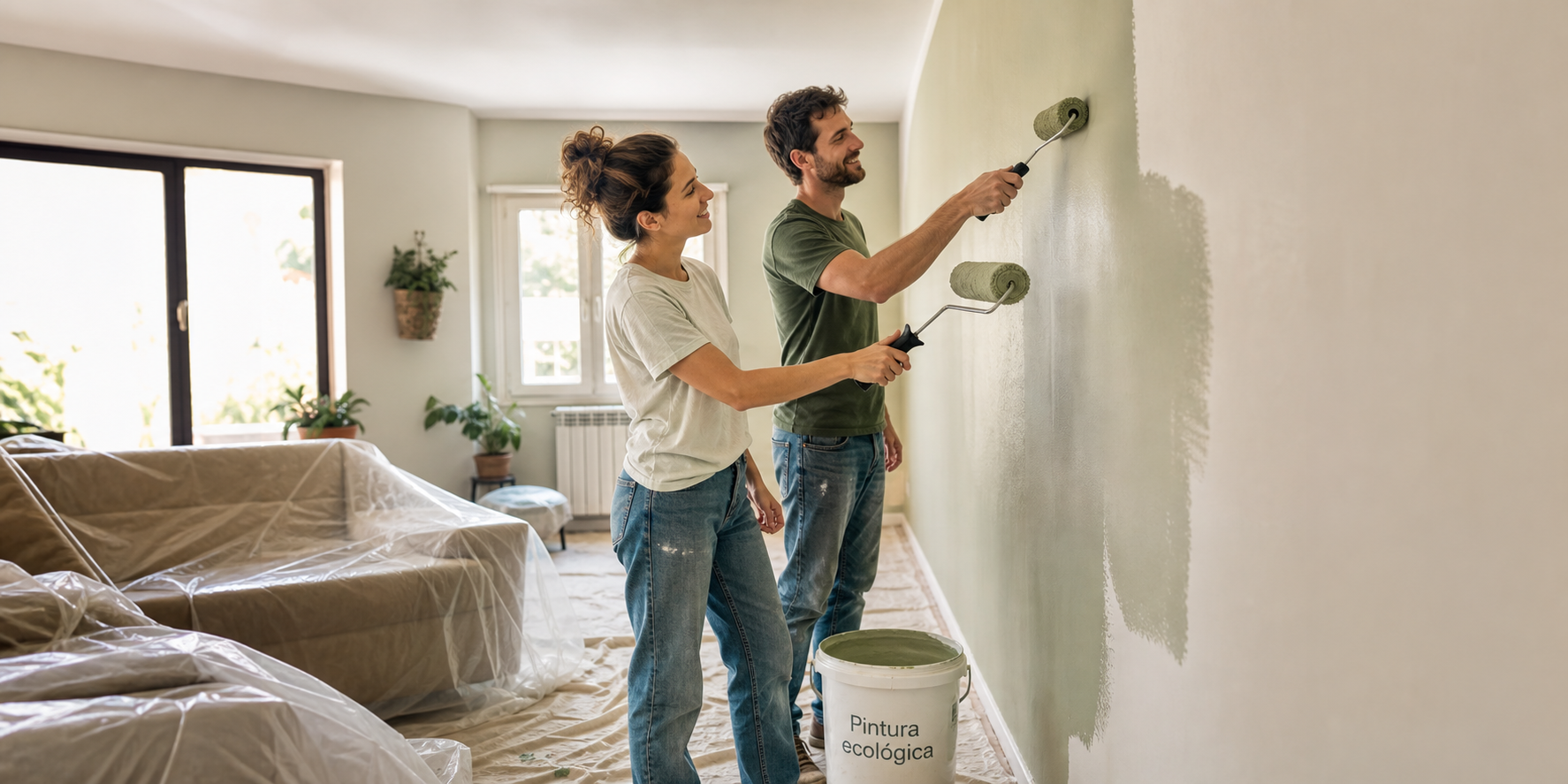 Pareja Pintando Sala con Pintura Ecolgica