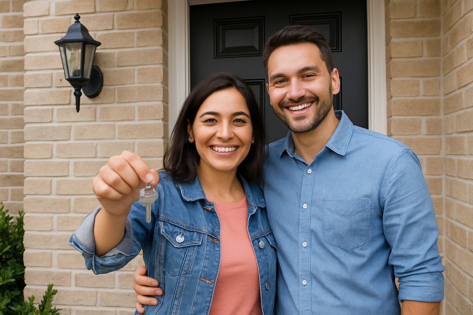 Pareja feliz que acaba de comprar su casa estn parados frente a la puerta-1