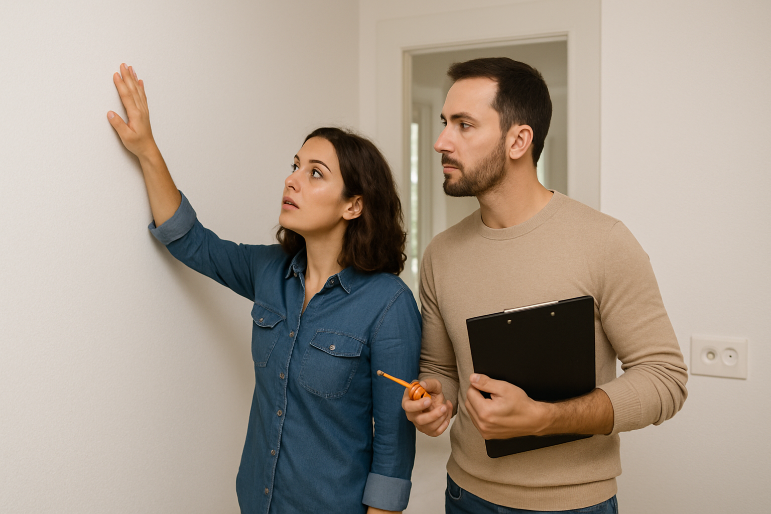 Pareja revisando las paredes de una casa que no tenga grietas y est bien la instalacin elctrica