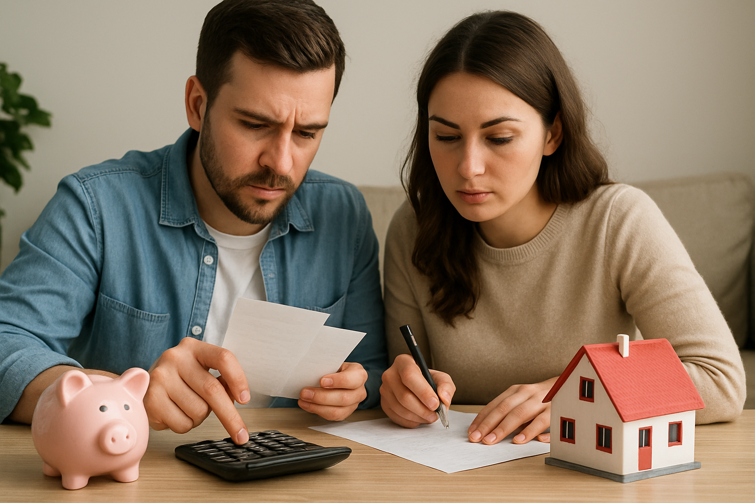 Pareja sentada en una mesa haciendo cuentas de sus gastos se puede ver una calculadora una alcanca y una casa de juguete sobre la mesa