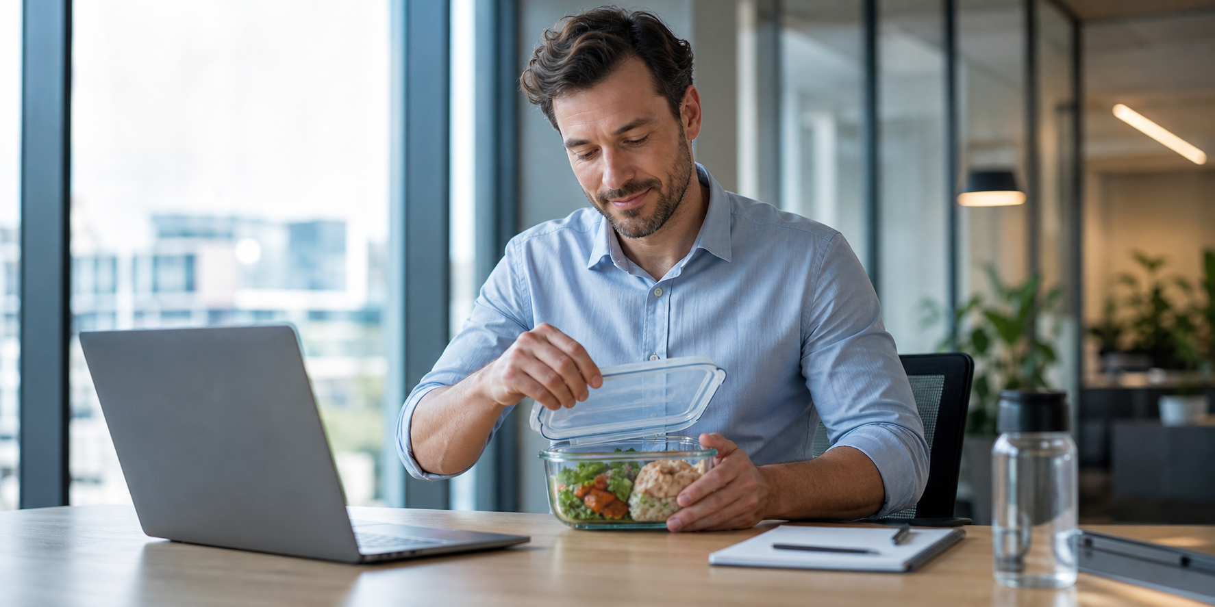 Professional Man in Modern Office with Food Container on Desk