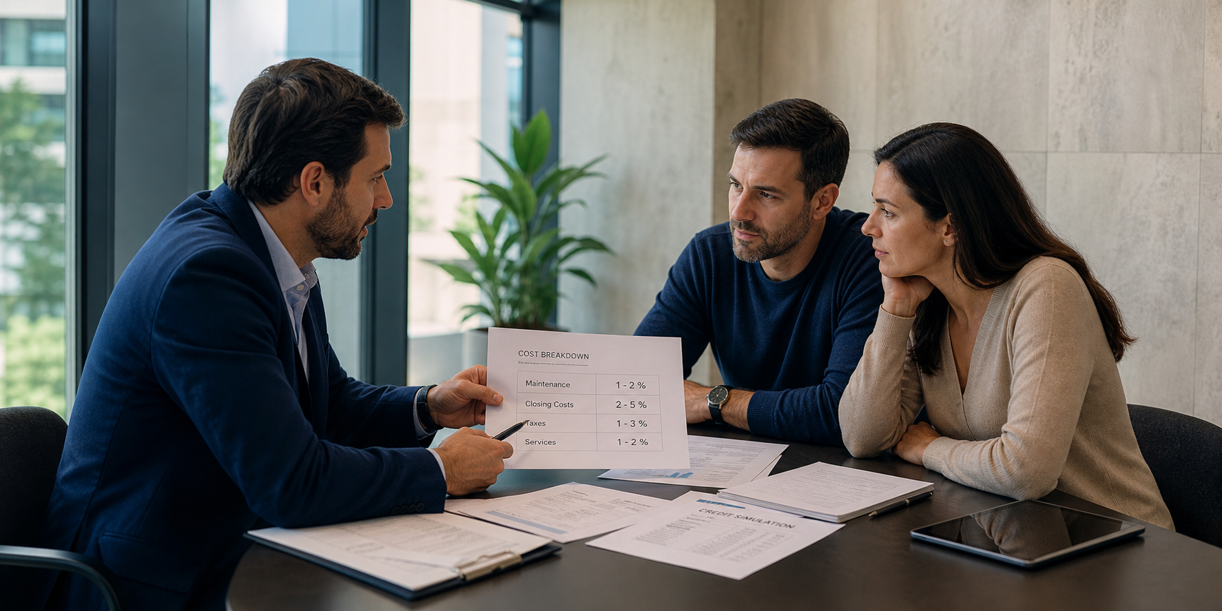 Realistic Couple Reviewing Home Purchase Costs with Real Estate Advisor