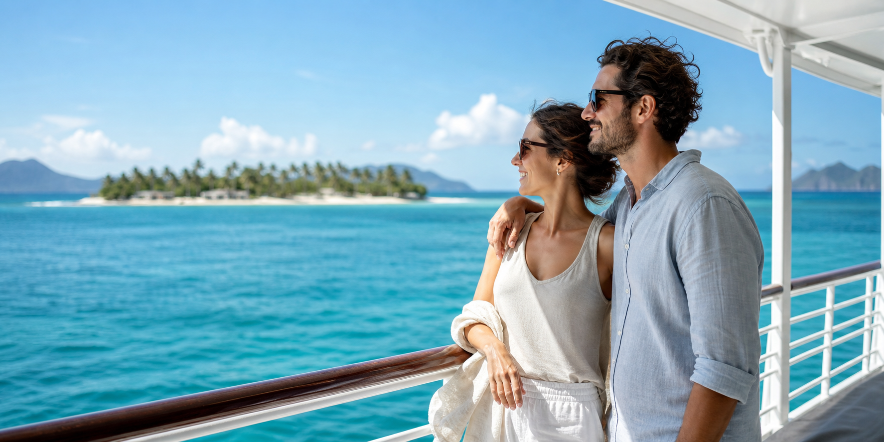 Una pareja disfrutando de un viaje en un ferry por el mar Caribe. Ambos están de pie en la cubierta, sonriendo mientras contemplan el agua turquesa.