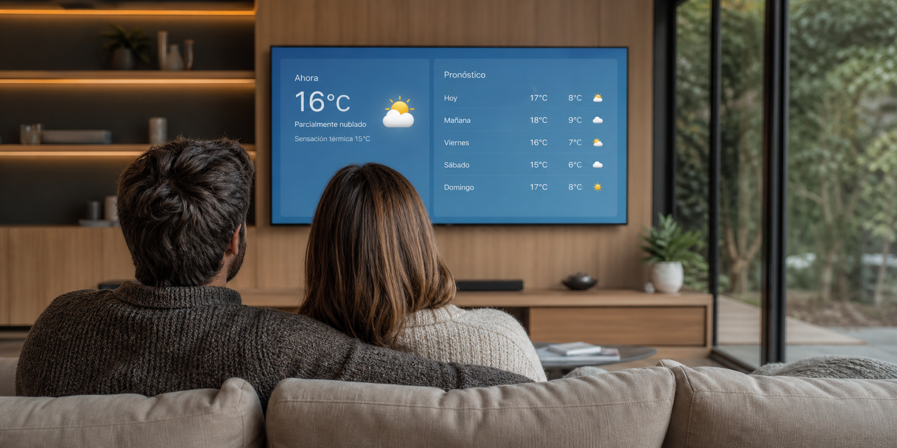 Una pareja sentada en el sofá de la sala de su casa, vista completamente de espaldas, mirando una pantalla de televisión frente a ellos.