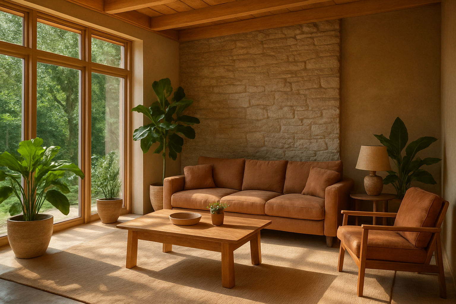 Sala de una casa con ventanales que le ayudan a recibir luz natural tiene plantas paredes de materiales naturales como piedra y muebles en tonos tierr