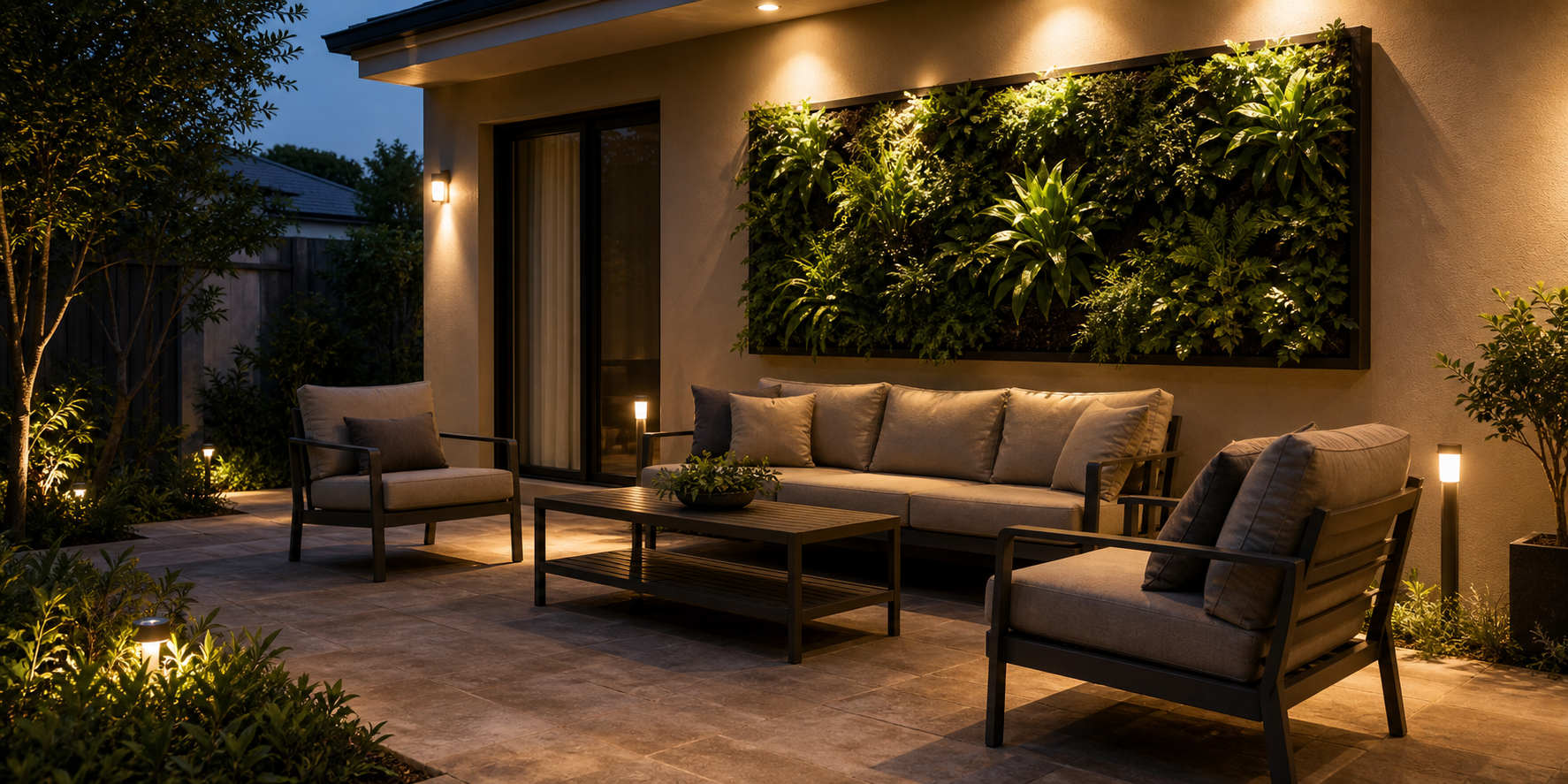 SolarPowered Residential Patio with Vertical Garden and Outdoor Furniture