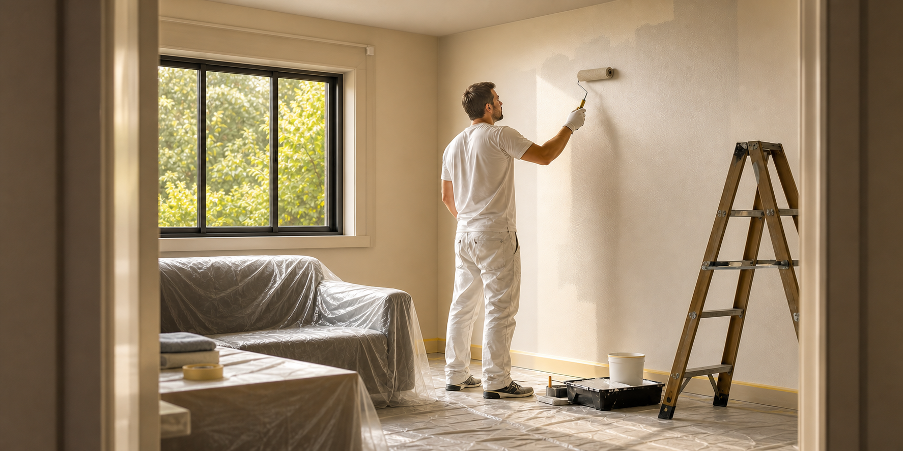 Hombre pintando la sala de su casa durante una remodelación, utilizando un rodillo para aplicar pintura fresca en una pared de color neutro. Los muebles están completamente cubiertos con plásticos protectores.