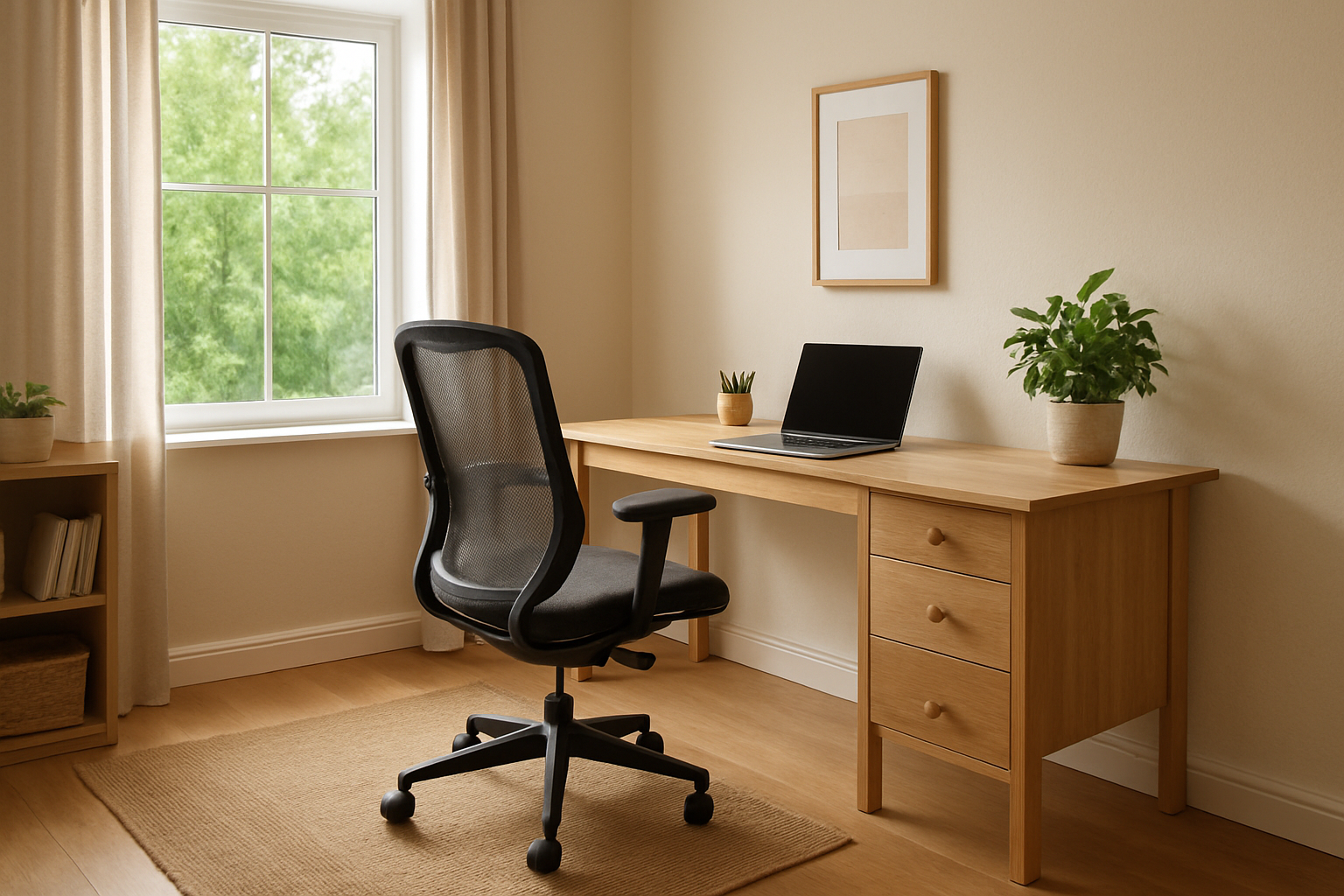 Un cuarto de una casa con un escritorio una laptop y una silla ergonmica por la ventana que se encuentra a un costado se alcanzan a ver reas verdes