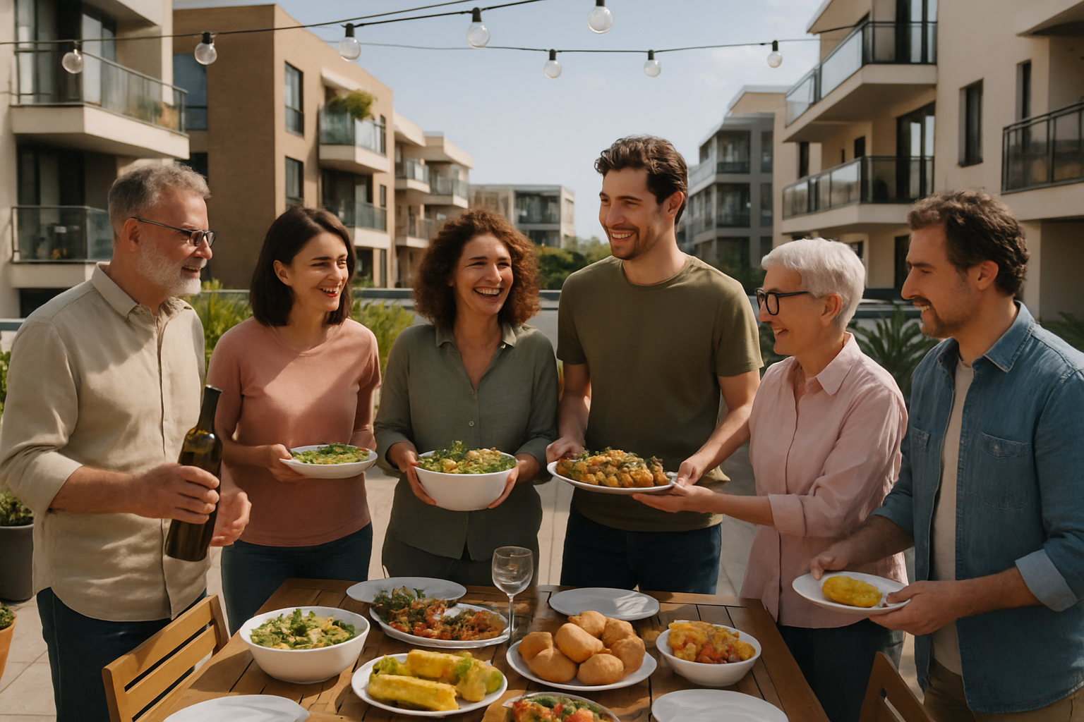 Un grupo de vecinos organizando una comida en la terraza del desarrollo donde viven