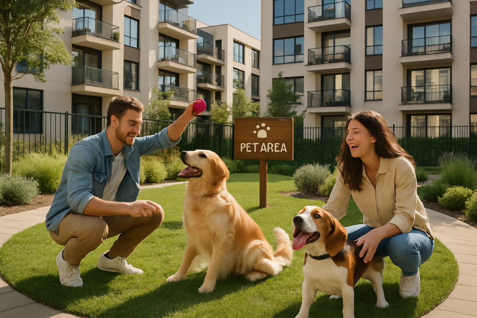 Un hombre y una mujer jugando con sus perros en el area pet friendly del desarrollo inmobiliario-1