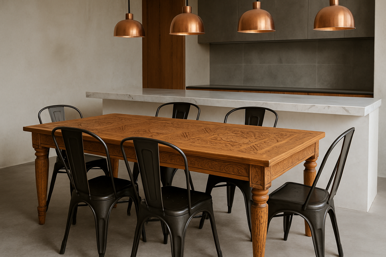 Una mesa de madera tallada con sillas metlicas y lmparas de cobre sobre una barra de mrmol