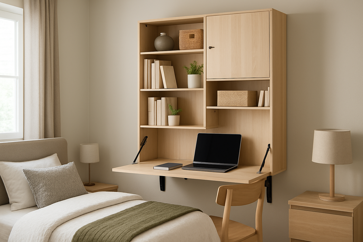 Una recmara con un escritorio plegable para tener almacenamiento eficiente-1