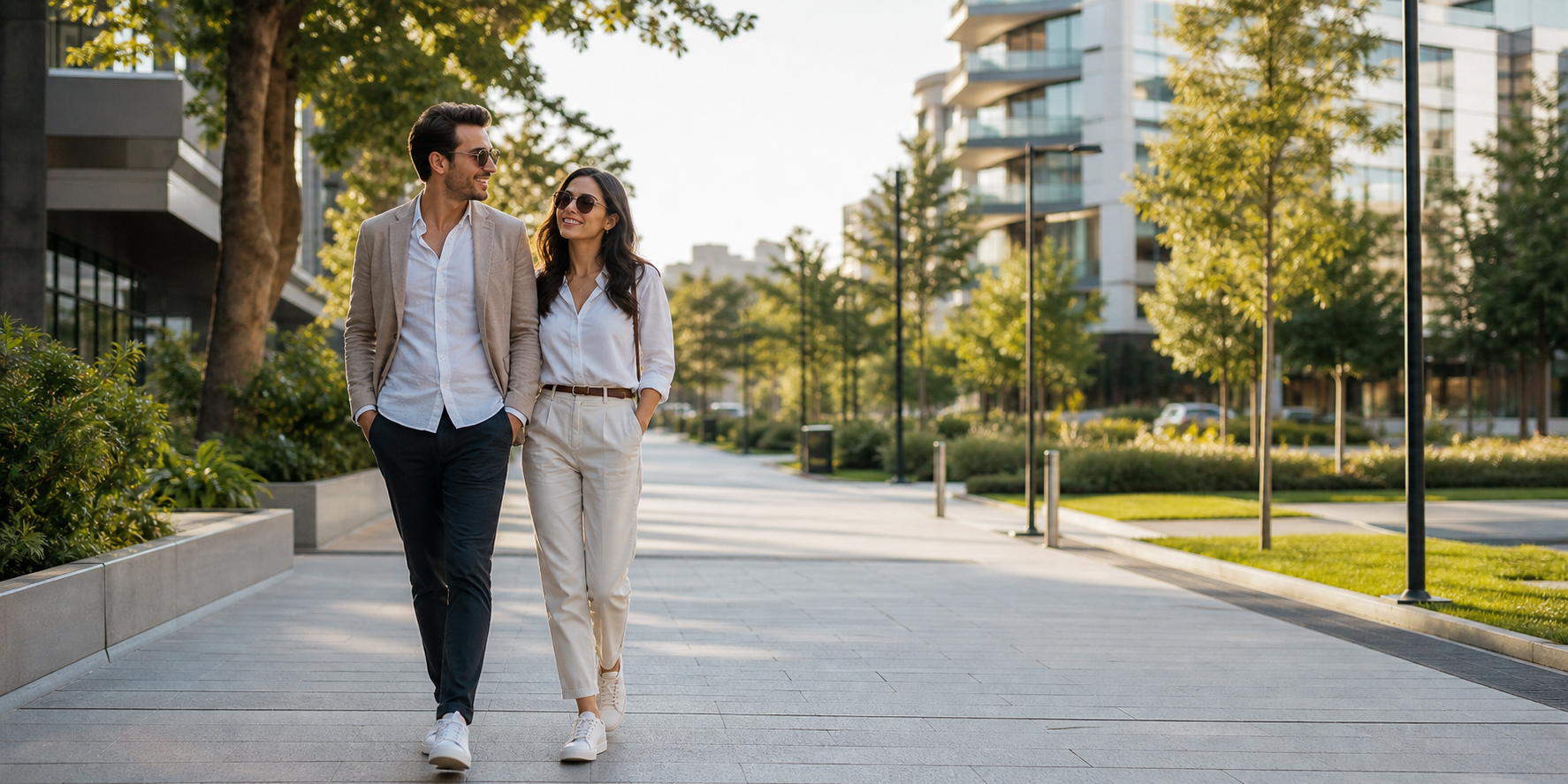 Urban Walk with Relaxed Couple in Modern Green Setting