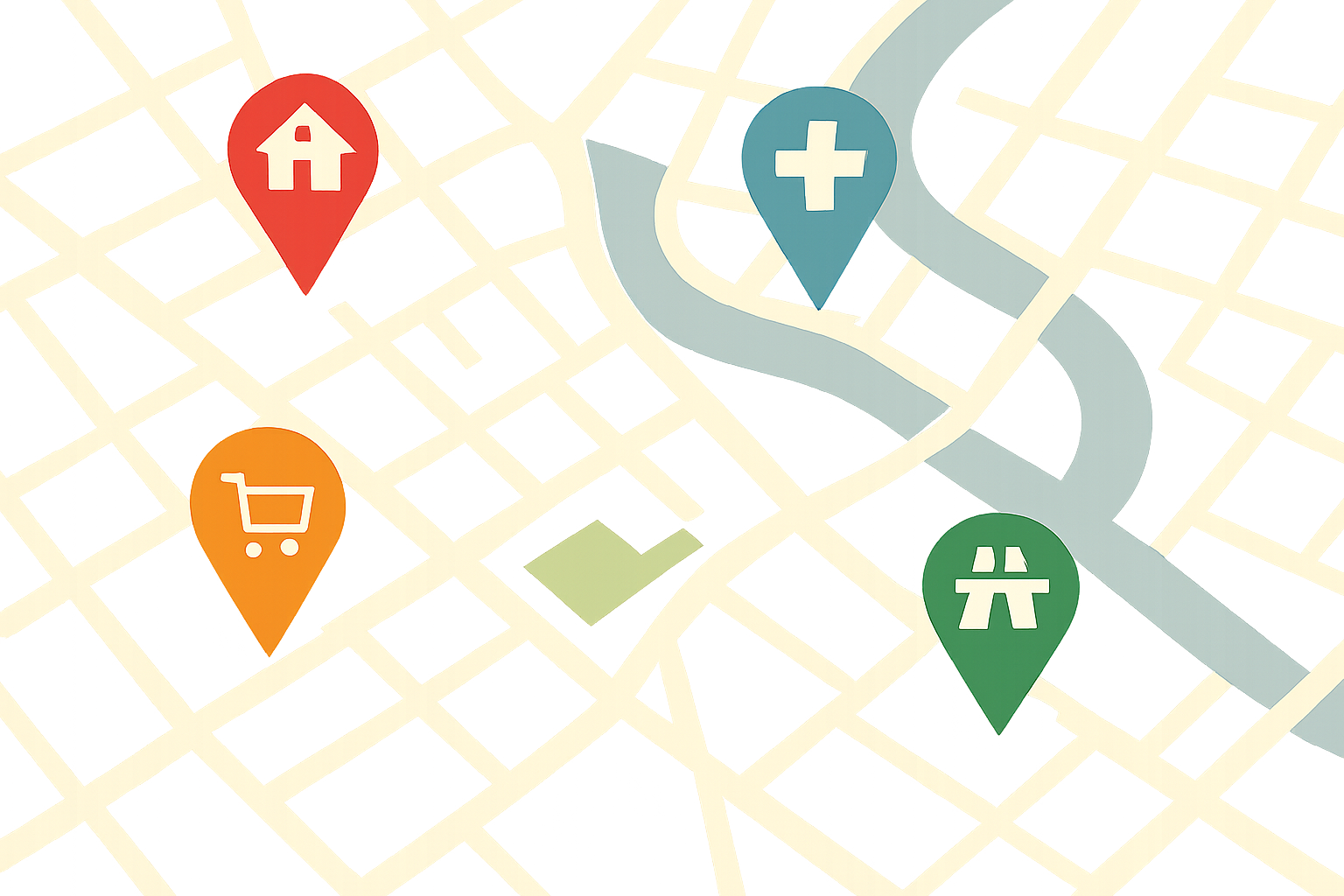 Viendo en un mapa con pins con iconos que marca escuel hospital comercio vias de comunicacin-1