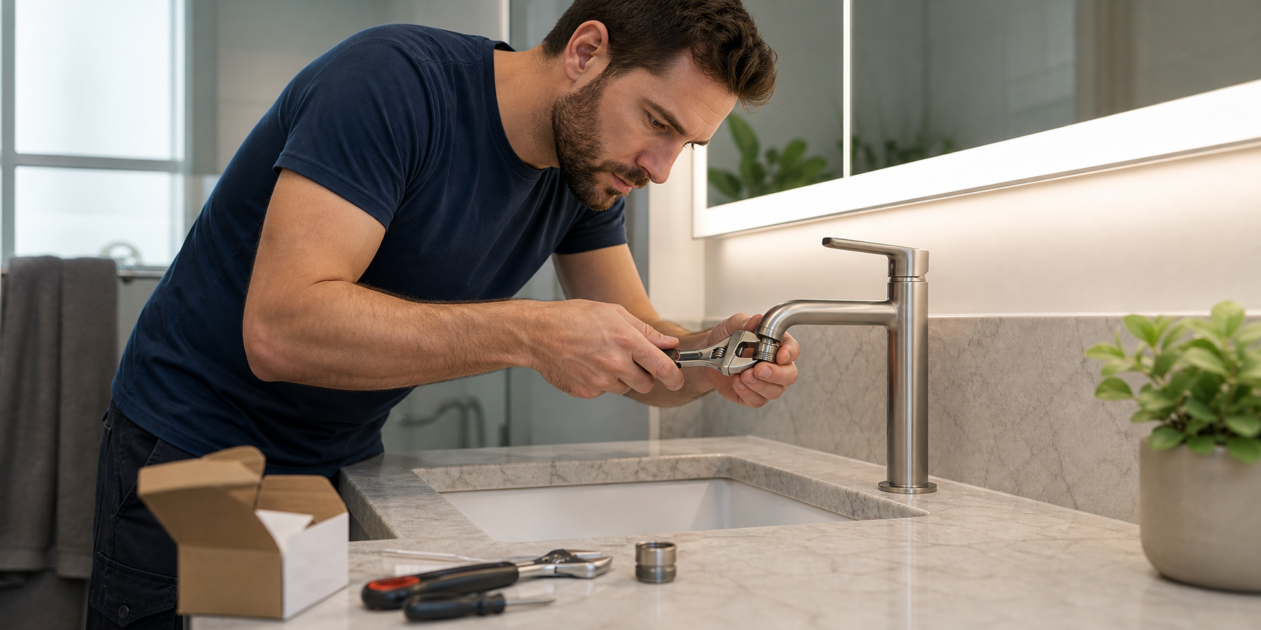 Hombre instalando una llave ahorradora de agua en el lavabo de un baño moderno.