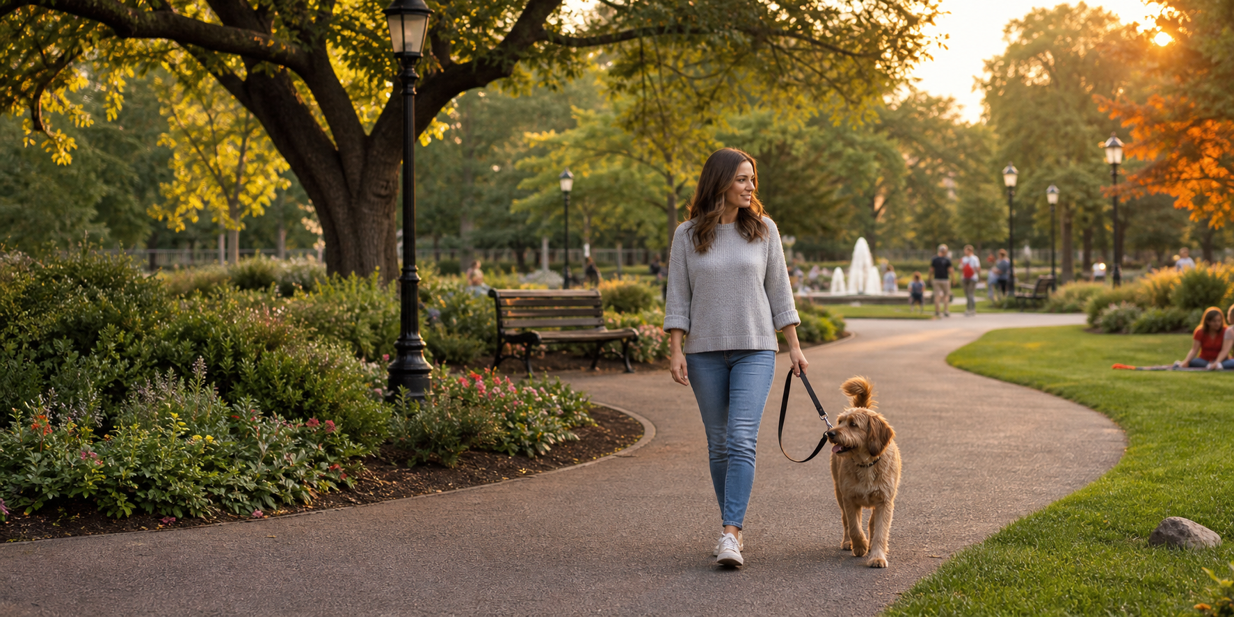 Mujer paseando con su mascota en un parque con amplias áreas verdes, caminando por senderos rodeados de césped perfectamente cuidado.