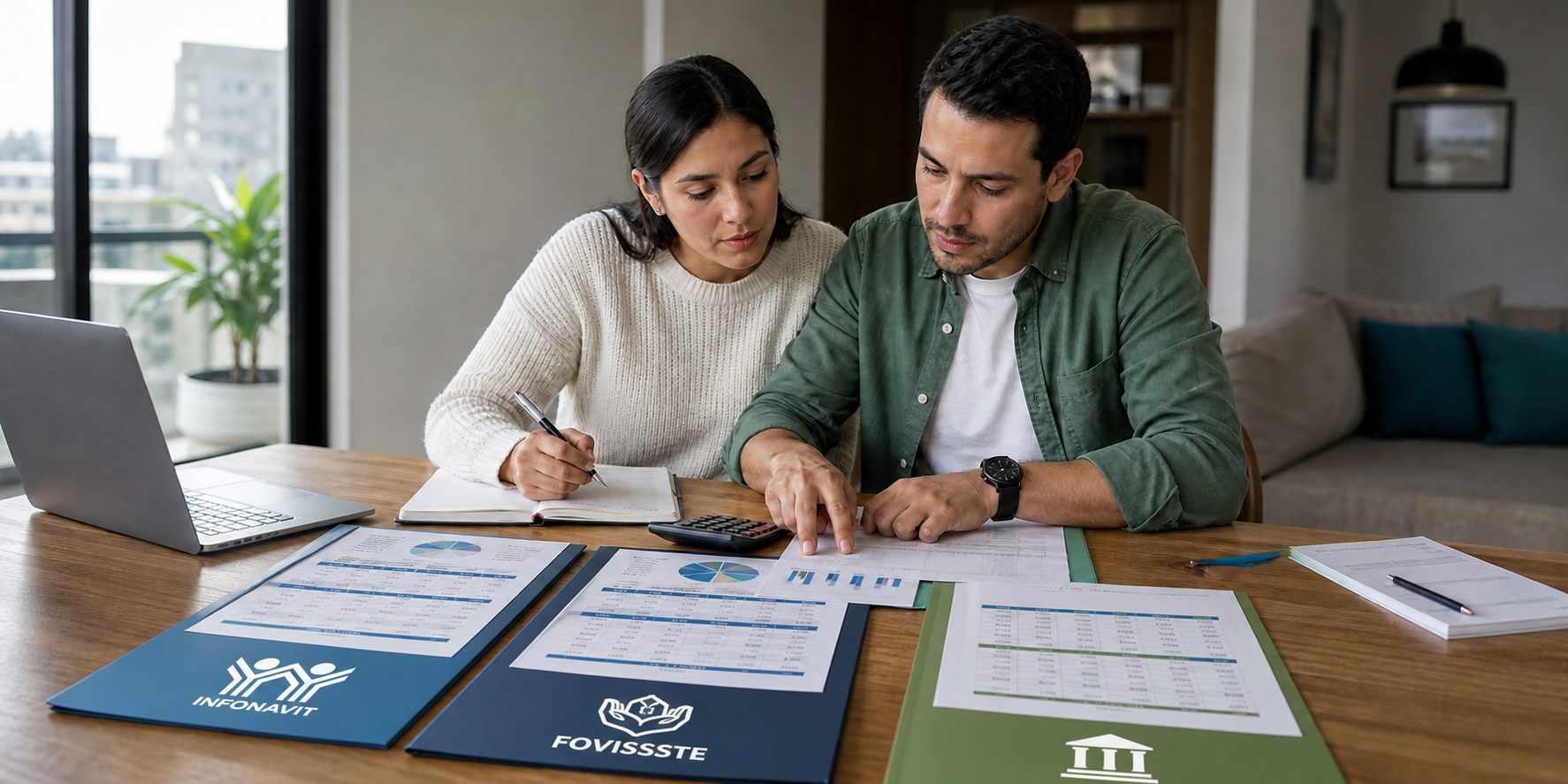 Una pareja joven revisando y comparando tres propuestas de crédito para vivienda sobre una mesa: Infonavit, FOVISSSTE y créditos bancarios. 